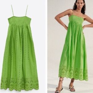 Zara Lime Green Eyelet Maxi Dress with Spaghetti Straps